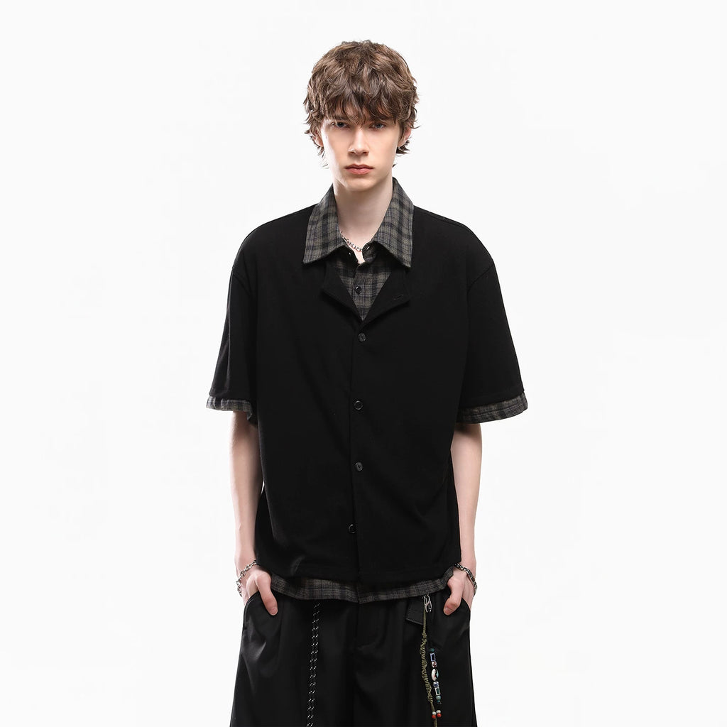 TREND ST Summer Vacation Two piece plaid patchwork vintage style shirt short sleeved men's American casual loose shirt