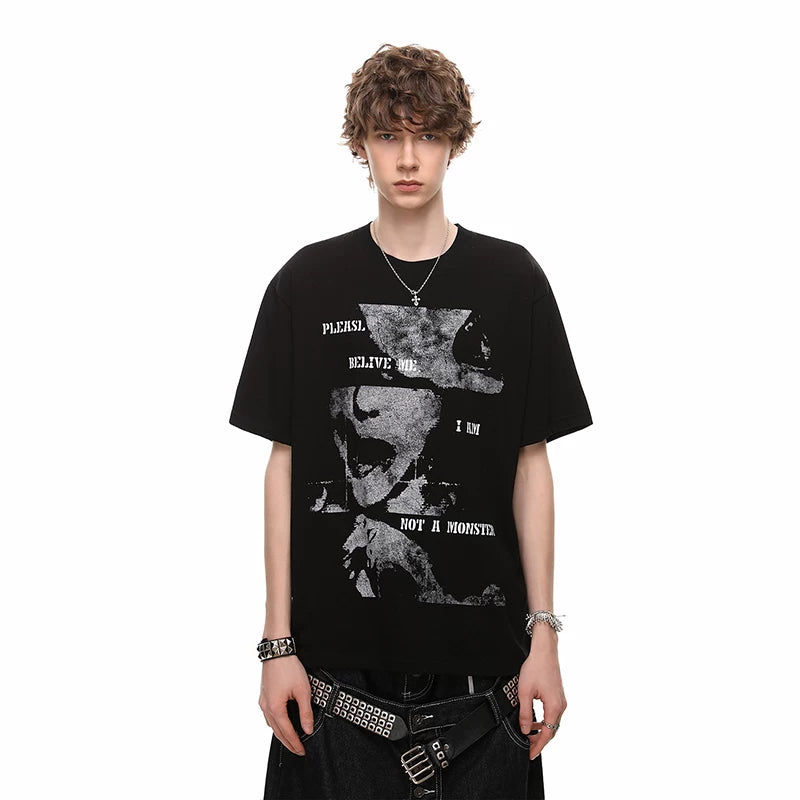 Trendy Street Summer New Product Dark High Street Portrait Printed Short Sleeve T-shirt Men's Trendy Brand Trendy Hip Hop Half Sleeve T-shirt