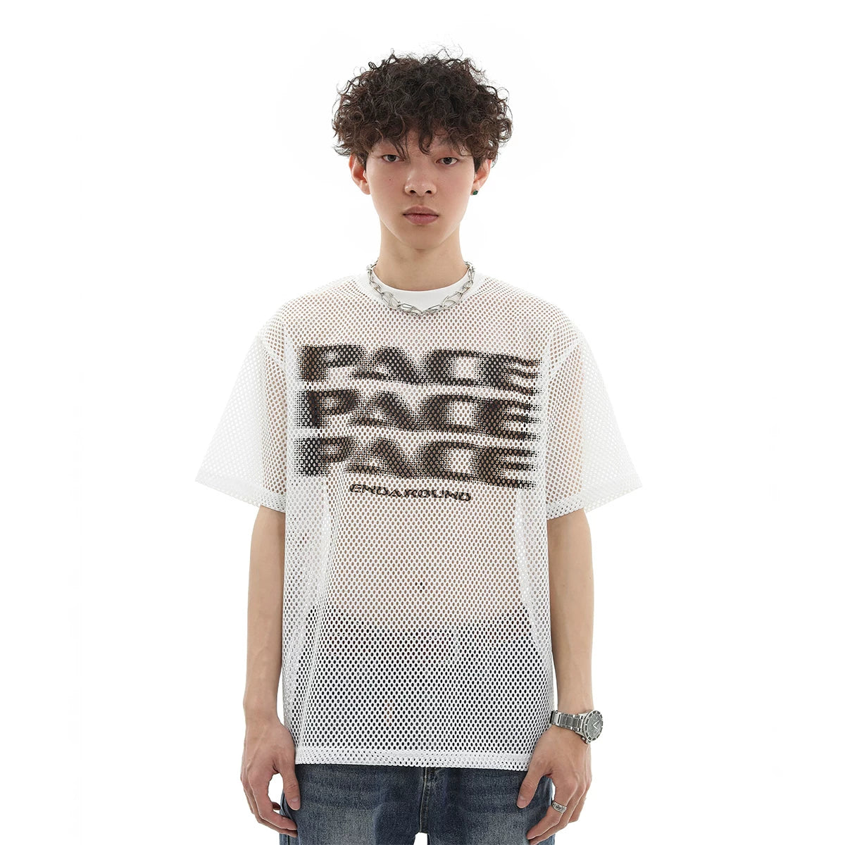 Trend st 25 year summer American fashion brand spider web hollow breathable semi transparent short sleeved T-shirt for couples