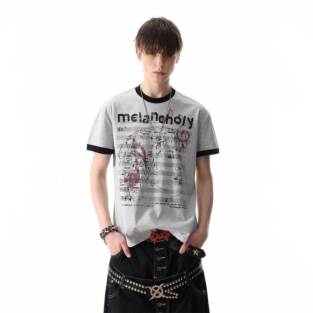 TREDN ST Original Street Note Score Printed Solona T-shirt Men's Summer Boxy Short Shoulder Short Sleeve