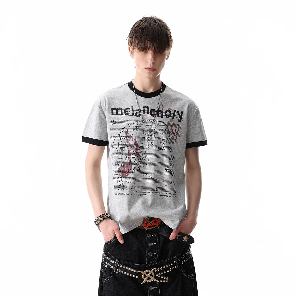 TREDN ST Original Street Note Score Printed Solona T-shirt Men's Summer Boxy Short Shoulder Short Sleeve