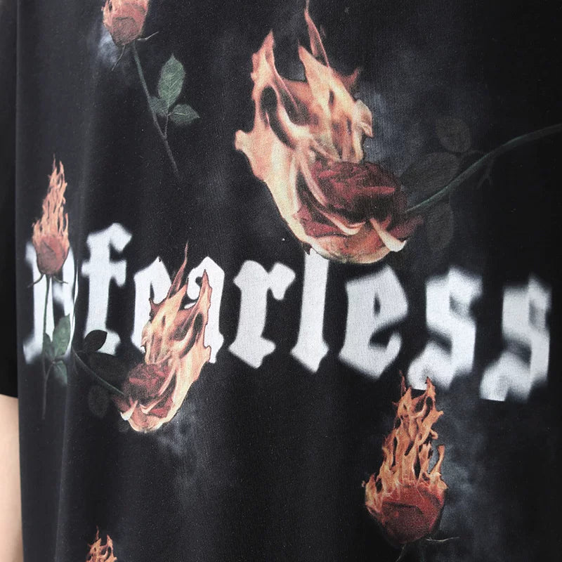 American street flame rose print short sleeved T-shirt for men's summer fashion trend, loose half sleeved couple T-shirt