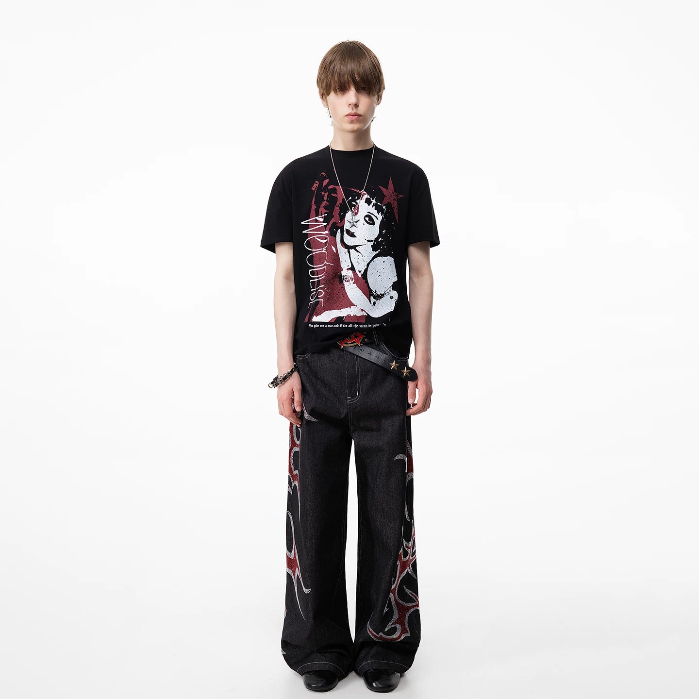 TREND ST Street Light Asian Punk Character Printed Short sleeved T-shirt for Men and Women Summer Boxy Shoulder Couple Top