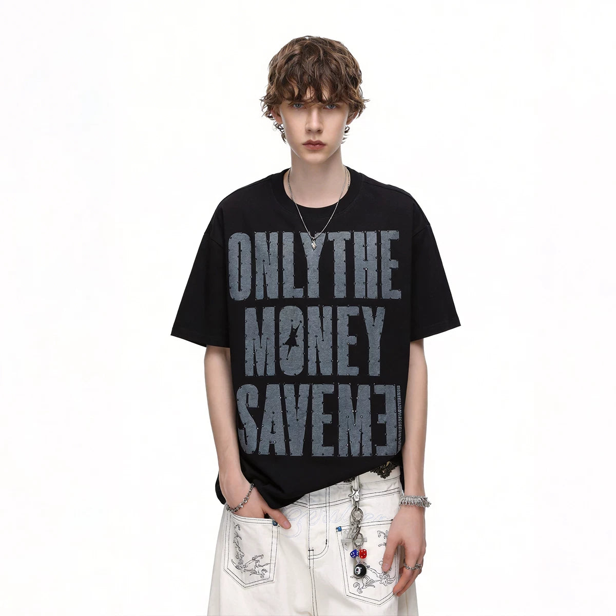 Trendy block American high street design with hot diamond letter print short sleeved T-shirt for men in summer, loose cotton half sleeved tee