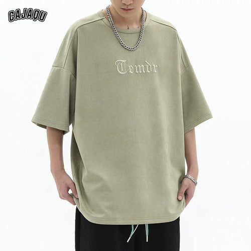 American retro heavy embroidery loose oversized short sleeved t-shirt men's summer trendy brand suede couple top