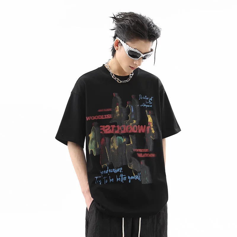 American street dyed short sleeved T-shirt for men and women, summer hip-hop fashion brand, figure print, loose couple half sleeved T-shirt