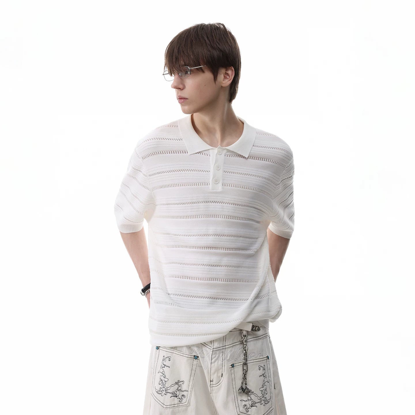 TREND ST old money style knitted short sleeved T-shirt for men's summer half sleeved polo shirt with hollowed out texture and a lapel top