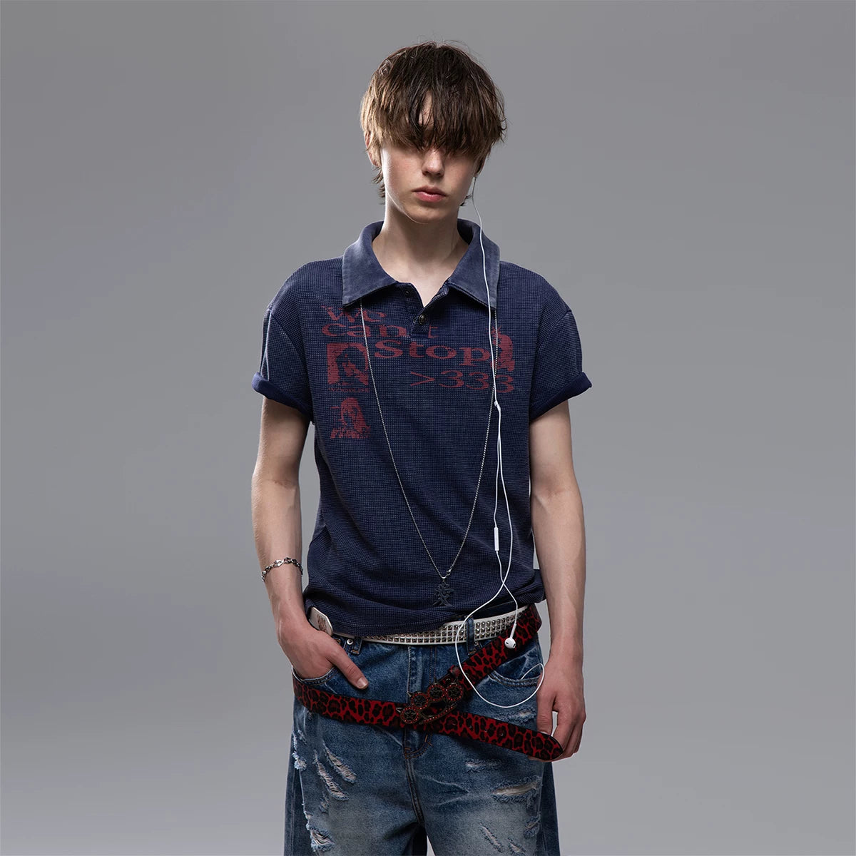 TREND ST Street Punk Retro Washed Vintage Printed Short Sleeve Polo Shirt for Men Summer Boxy Shoulder T-shirt