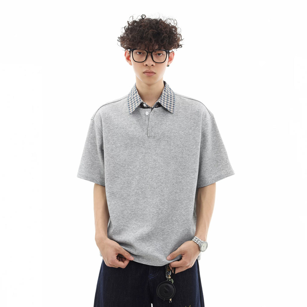 Trendy contrasting plaid patchwork polo shirt short sleeved men's summer loose and versatile fake two-piece half sleeved couple T-shirt