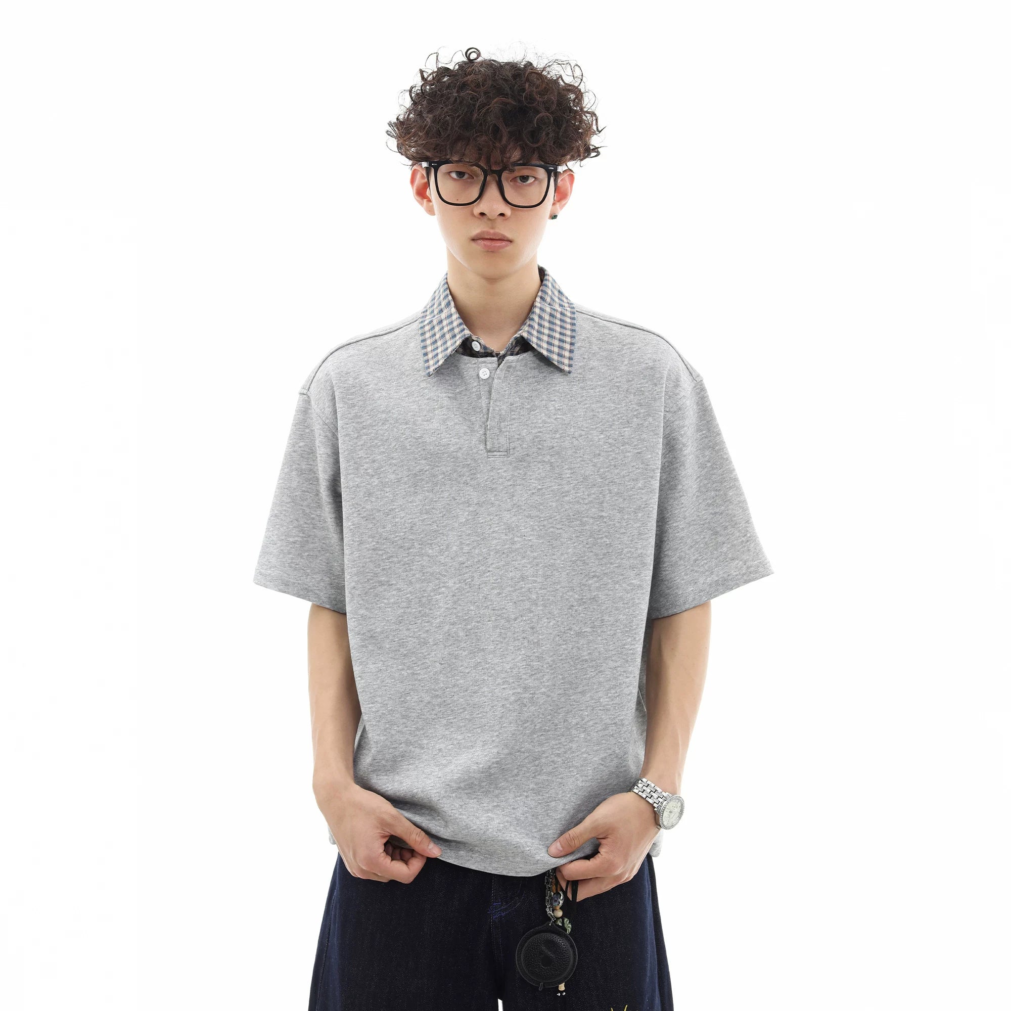 Trendy contrasting plaid patchwork polo shirt short sleeved men's summer loose and versatile fake two-piece half sleeved couple T-shirt