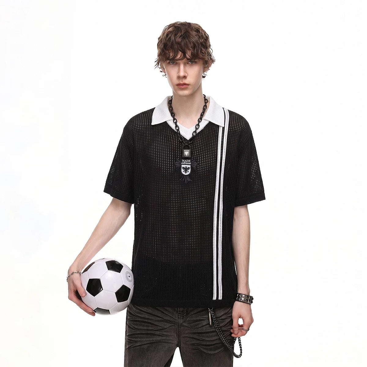 2026 World Cup jersey Black Frontline No.7 mesh knitted Polo shirt short sleeved men's summer football sports hollow T-shirt