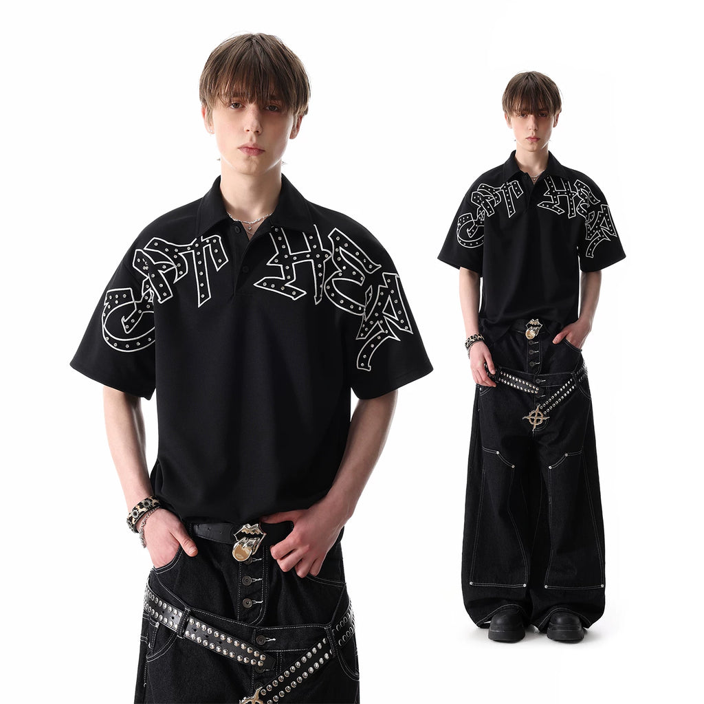 Original trendy brand visual style dark brick embroidered short sleeved shirt for men in summer, cool and loose half sleeved polo shirt