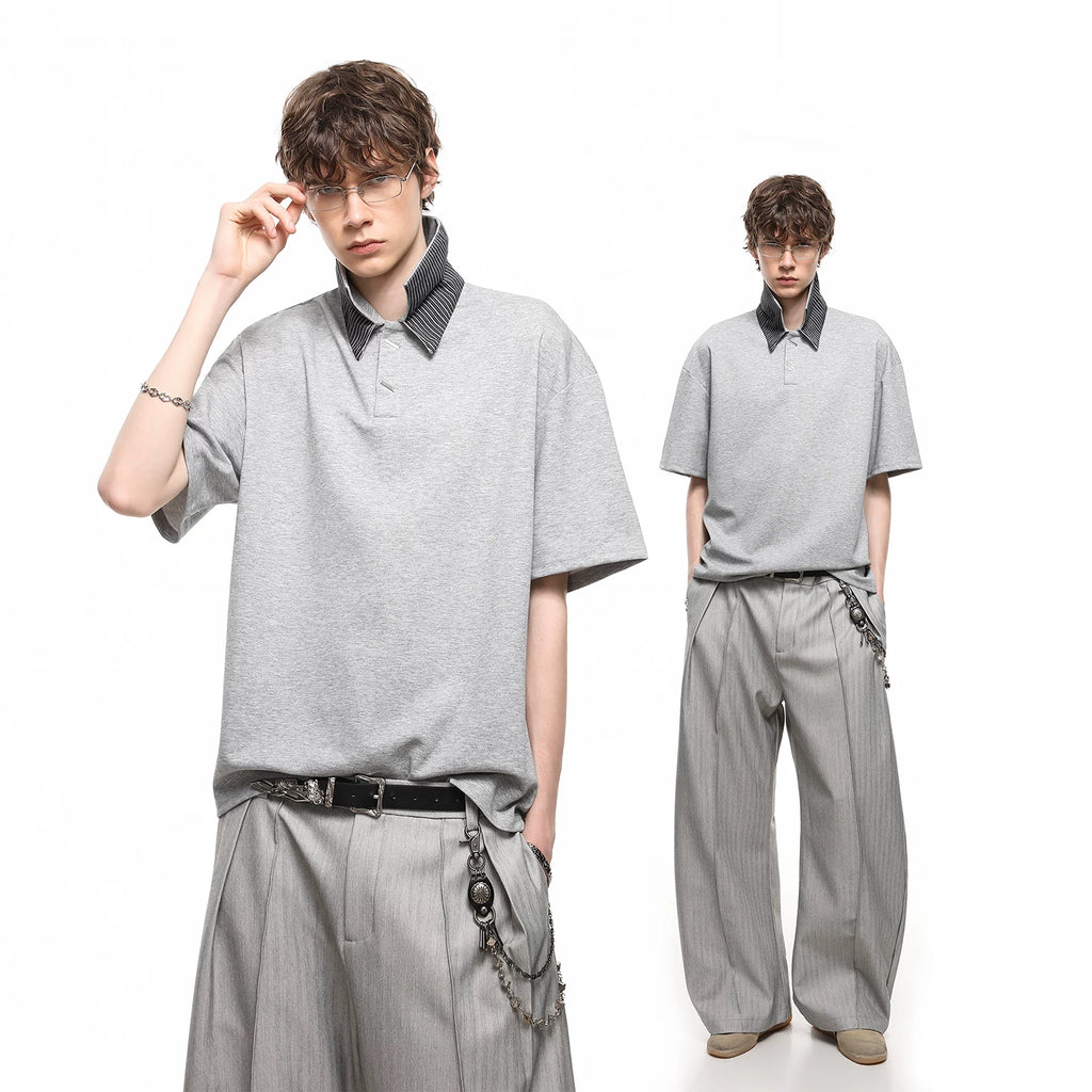TREND ST American style fake two gray polo shirts short sleeved T-shirt men's summer cleanfit double-layer collar top