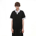 TREND ST fake two-piece striped contrasting polo shirt short sleeved men's and women's summer cleanfit loose collar t-shirt