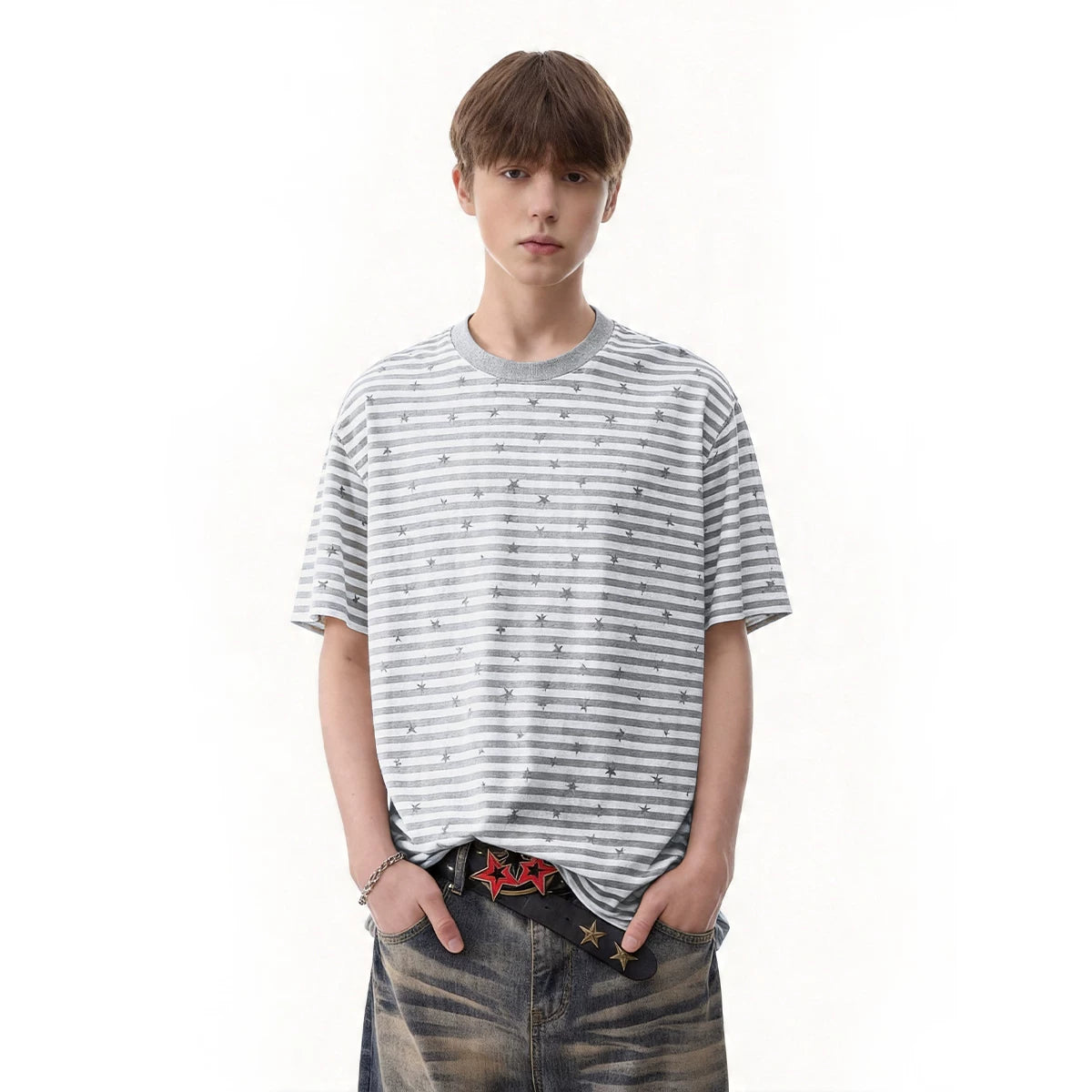 TREND ST striped star short sleeved American retro Lyocell short shoulder skinny millennium style T-shirt