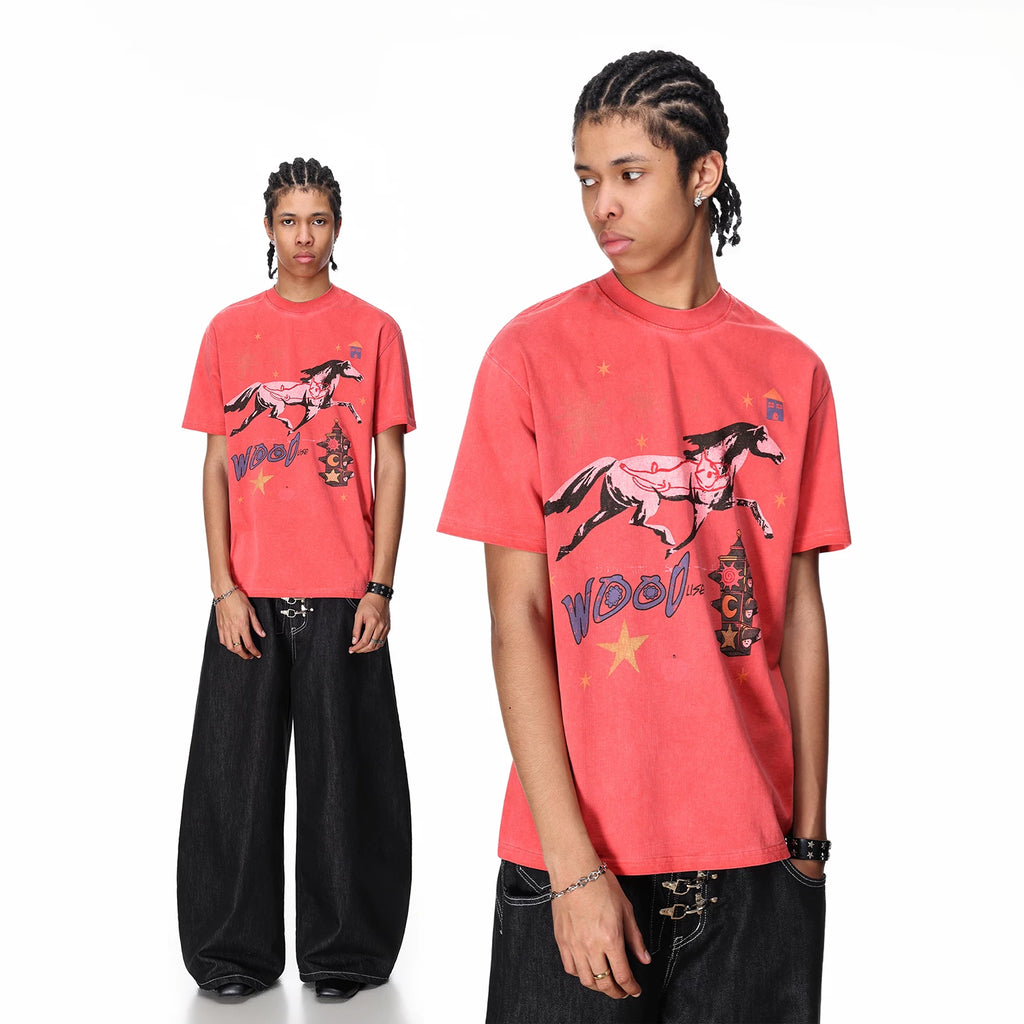 Vintage washed vintage printed short sleeved T-shirt with the theme of 'galloping horse', suitable for both men and women in summer, loose and casual couple's T-shirt