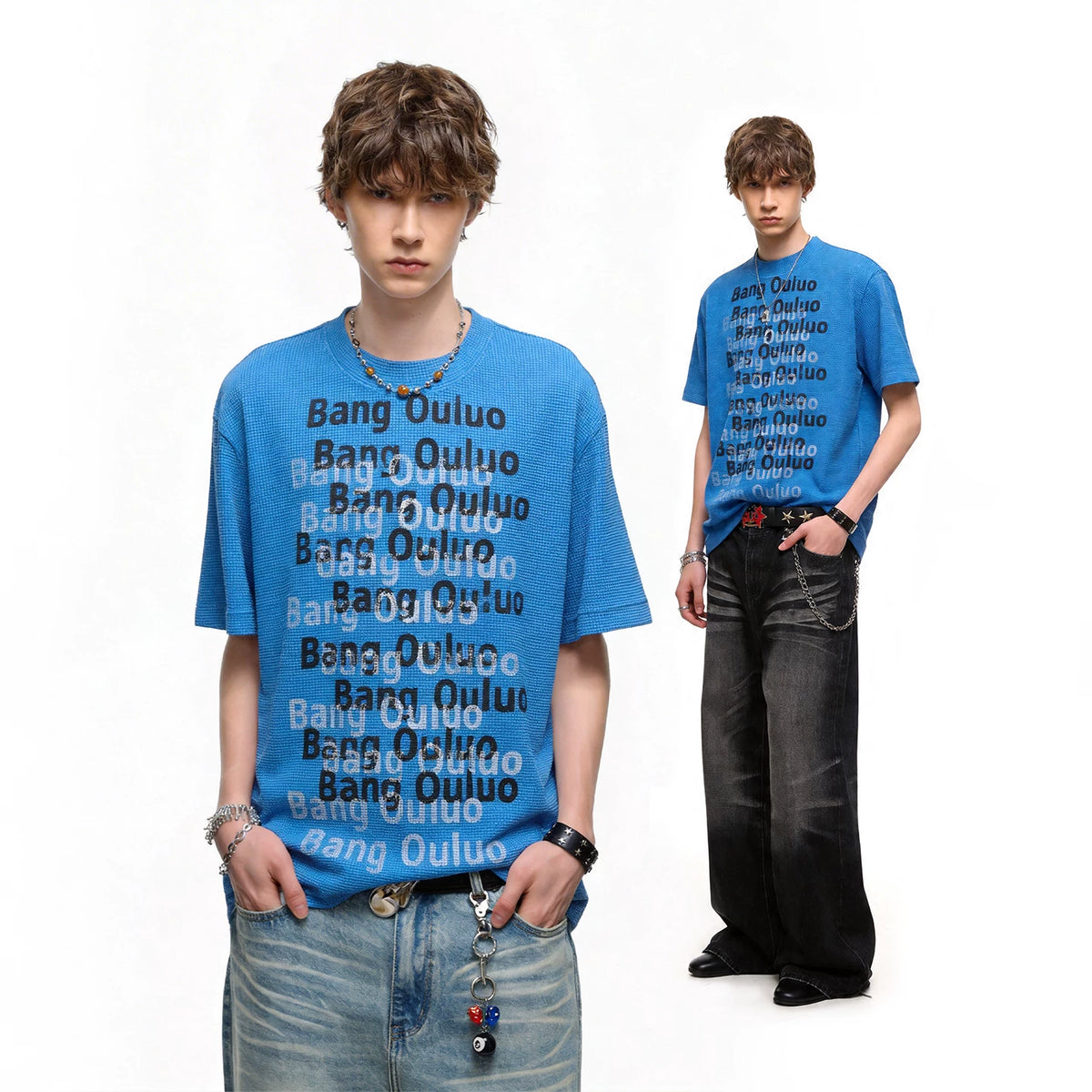 TREND ST American retro washed vintage printed short sleeved T-shirt for men's summer loose heavyweight waffle top