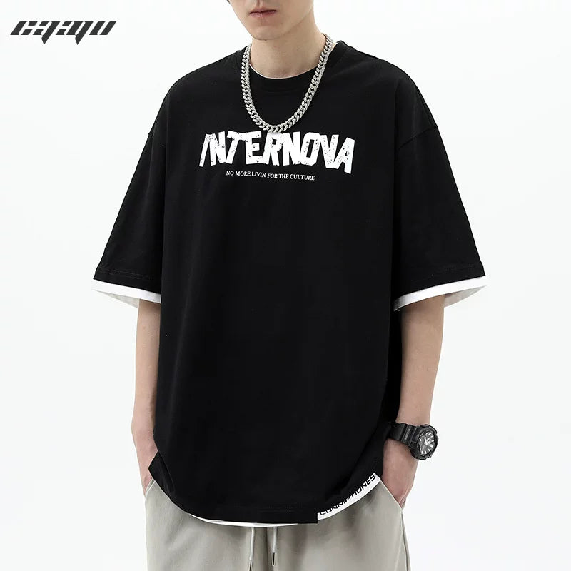 American high street splicing fake two piece short sleeved T-shirt men's summer trendy brand print loose couple layered half sleeved top