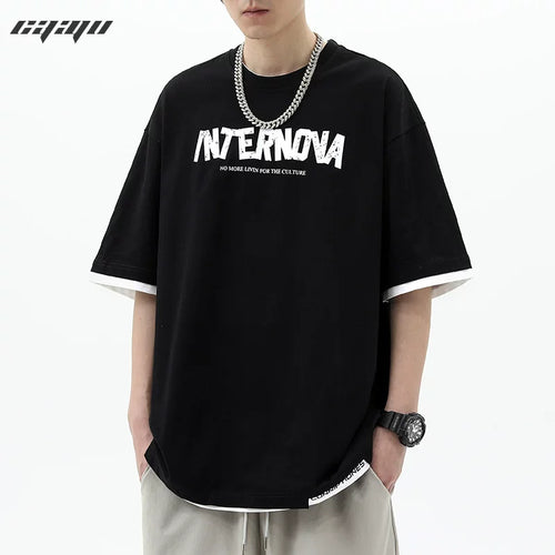 American high street splicing fake two piece short sleeved T-shirt men's summer trendy brand print loose couple layered half sleeved top