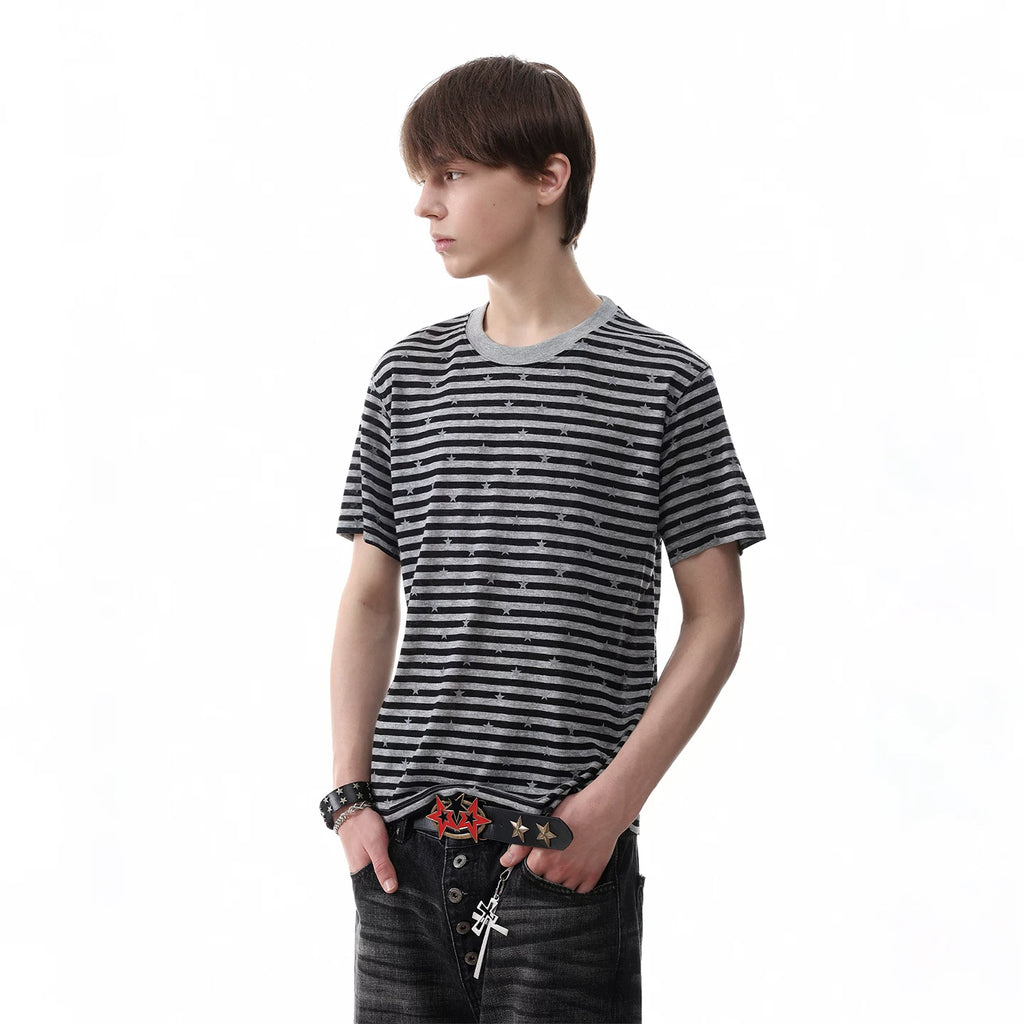 TREND ST striped star short sleeved American retro Lyocell short shoulder skinny millennium style T-shirt