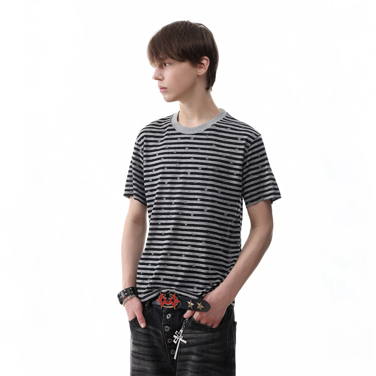 TREND ST striped star short sleeved American retro Lyocell short shoulder skinny millennium style T-shirt