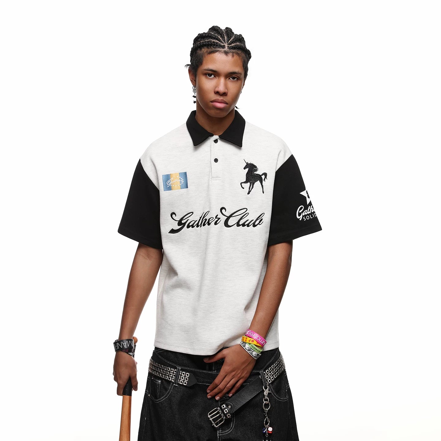 Chaoblock China-Chic American War Horse Letter Embroidery Polo Shirt Short Sleeve Men's Summer College Style Loose Half Sleeve T-shirt