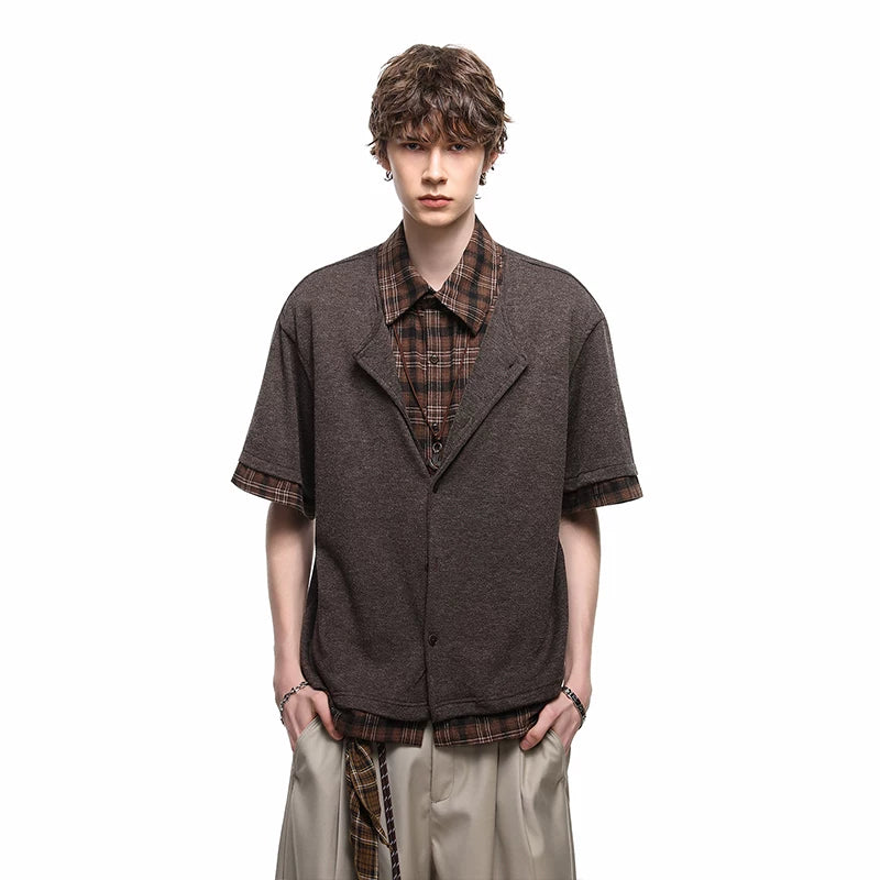 TREND ST Summer Vacation Two piece plaid patchwork vintage style shirt short sleeved men's American casual loose shirt