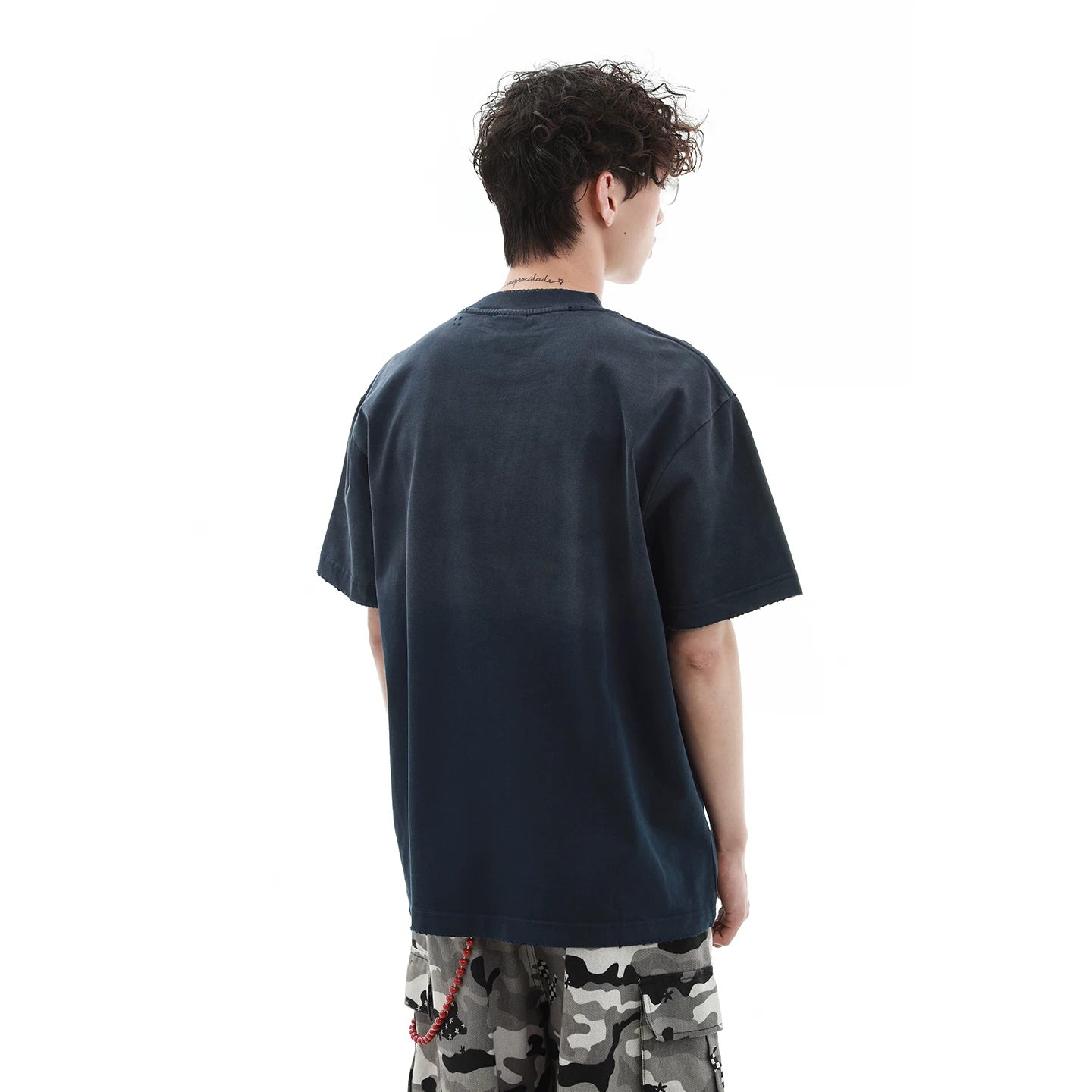 300g heavy-duty wash water gradient small neckline short sleeved T-shirt for men's summer trendy brand, stiff and loose, pure cotton half sleeved T-shirt