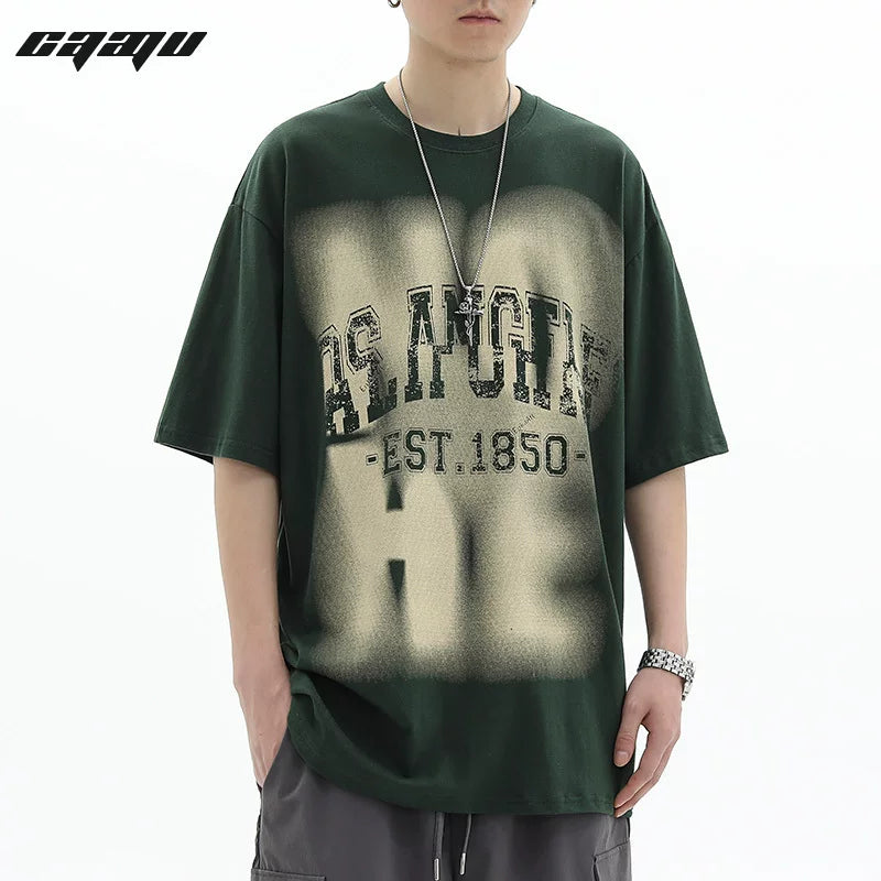 Trendy block American retro letter printed short sleeved T-shirt, loose and versatile pure cotton top, youthful and trendy style
