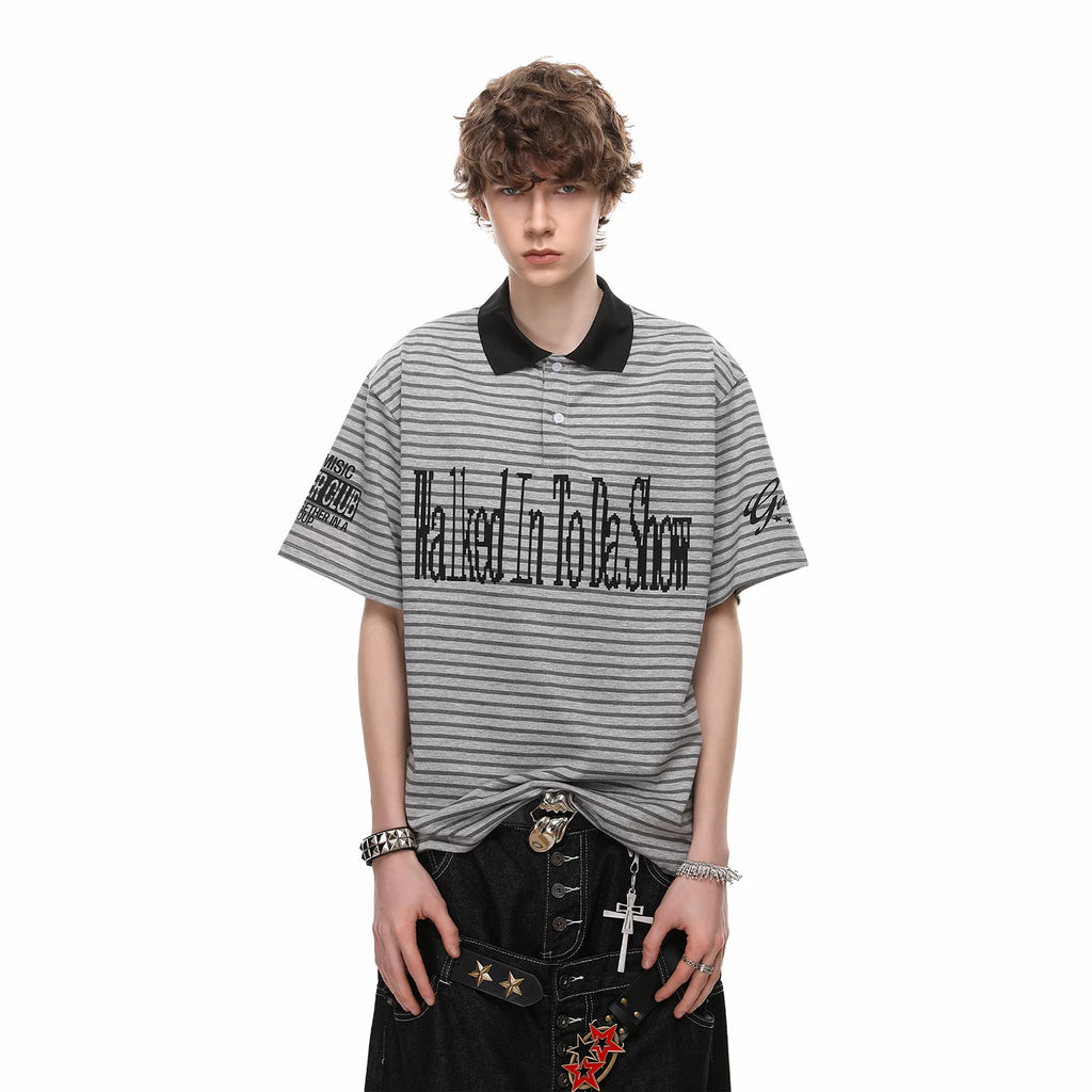 American retro striped contrasting lapel T-shirt men's 2026 summer fashion trendy brand loose letter printed polo shirt short sleeved