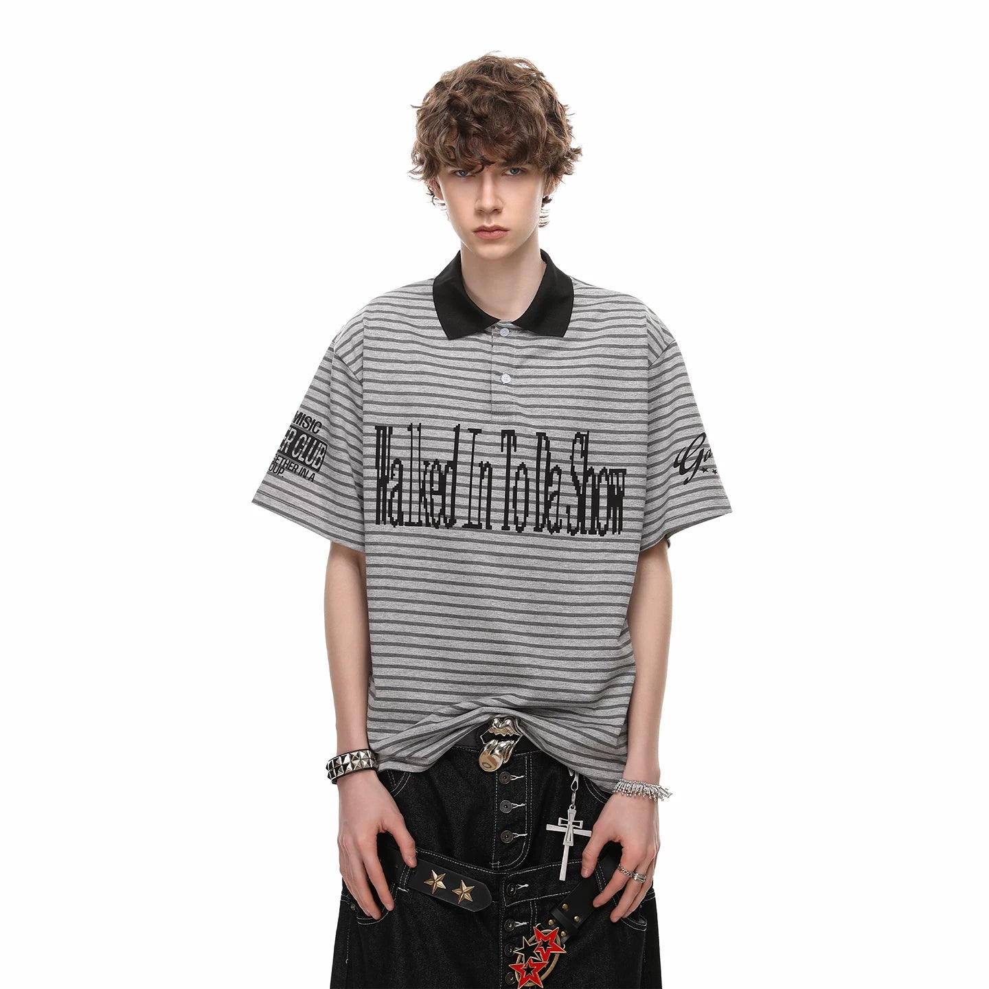 American retro striped contrasting lapel T-shirt men's 2026 summer fashion trendy brand loose letter printed polo shirt short sleeved
