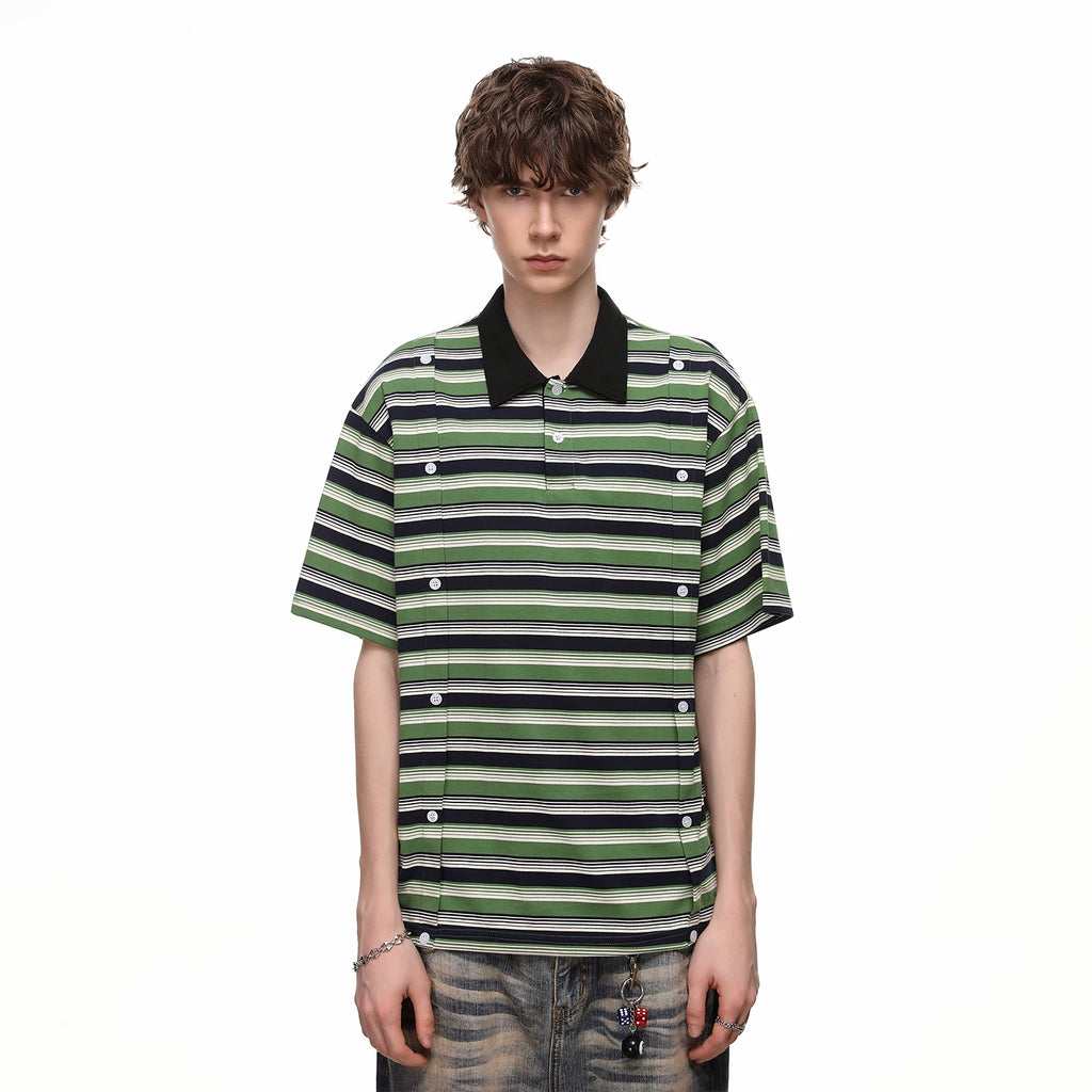 TREND ST American retro striped silhouette loose short sleeved polo shirt men's summer design double breasted T-shirt
