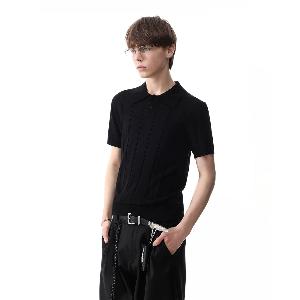TREND ST Retro Texture Pit Strip Slim Knitted Polo Shirt Short Sleeve Men's Summer Old Money Style Shoulder T-shirt