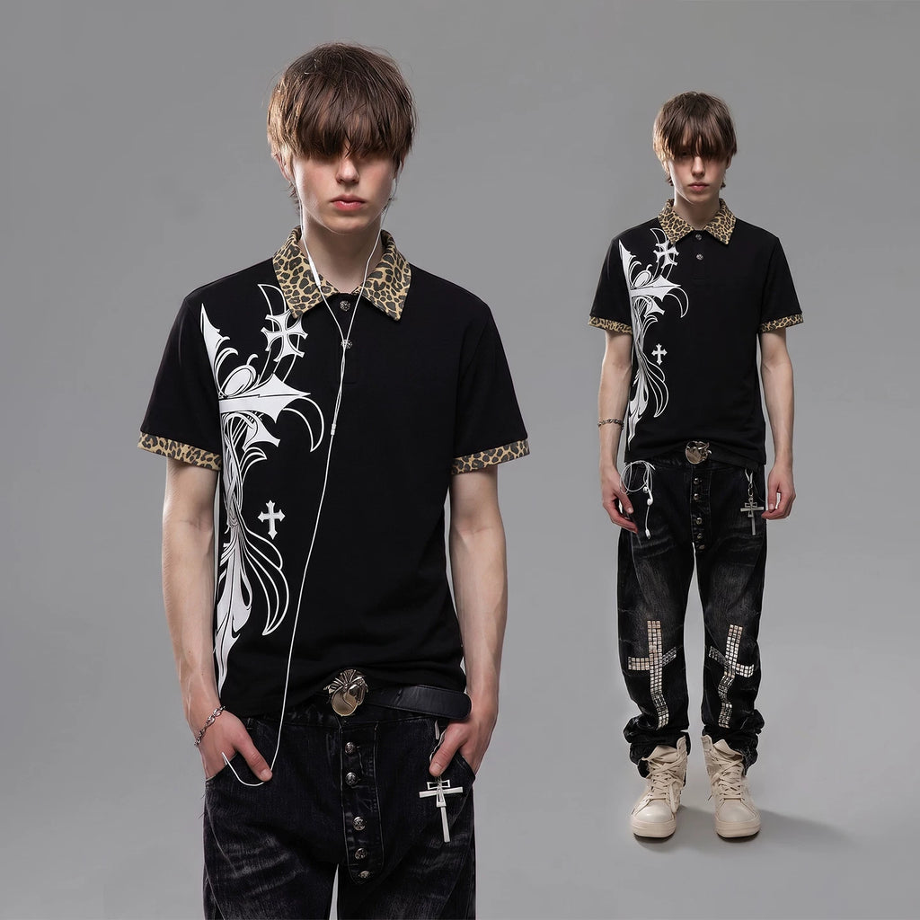 Light Asian street punk cross print shoulder T-shirt short sleeved men's summer boxy version leopard print patchwork polo shirt