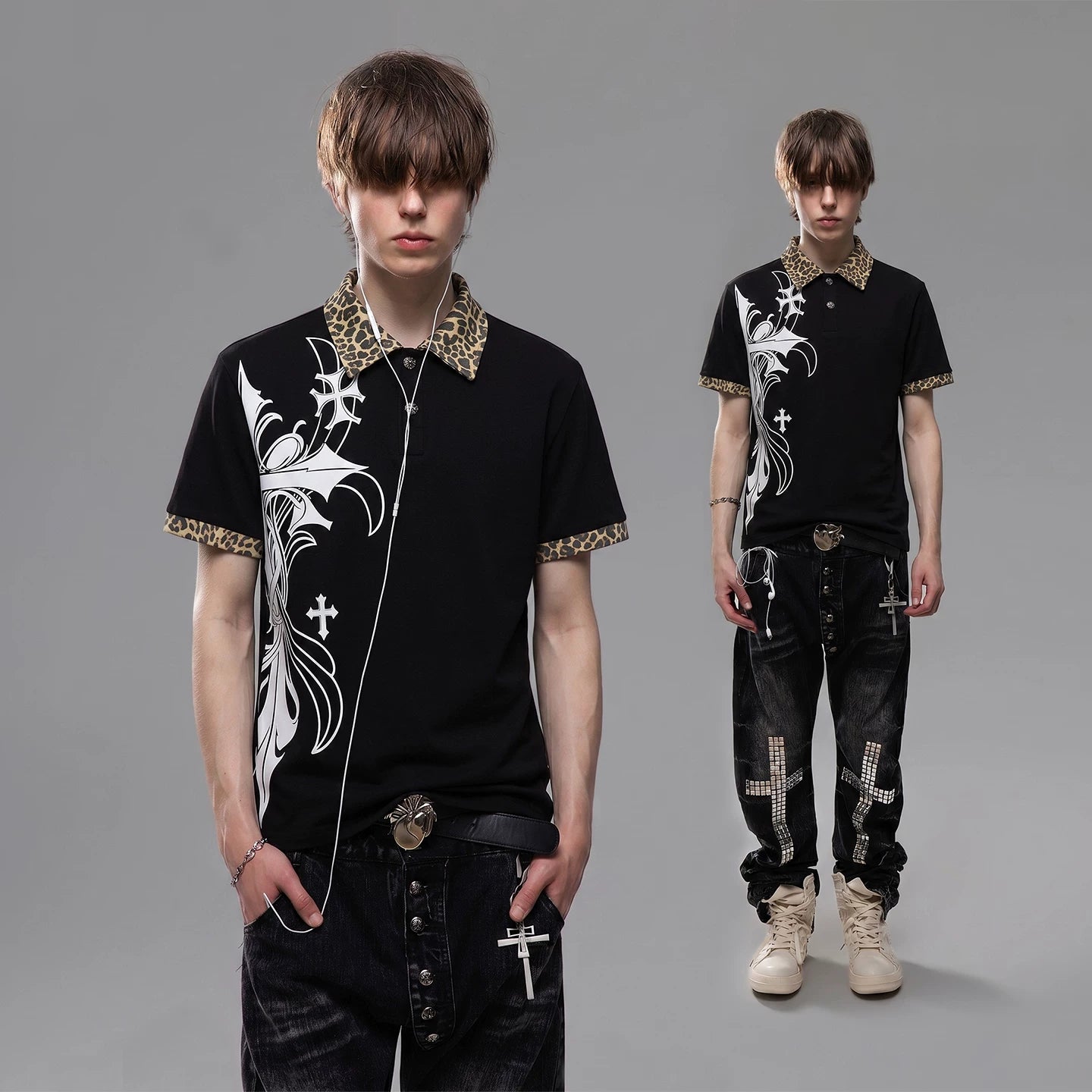 Light Asian street punk cross print shoulder T-shirt short sleeved men's summer boxy version leopard print patchwork polo shirt