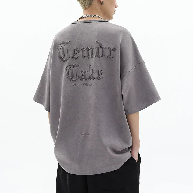 American retro heavy embroidery loose oversized short sleeved t-shirt men's summer trendy brand suede couple top