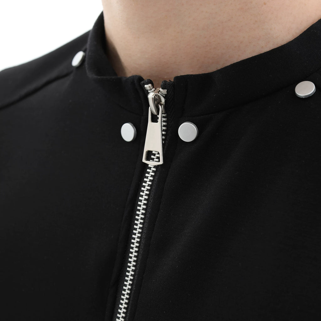 Trend st niche design high street rivet half zipper short sleeved T-shirt men's loose shoulder pad solid color half sleeve TEE