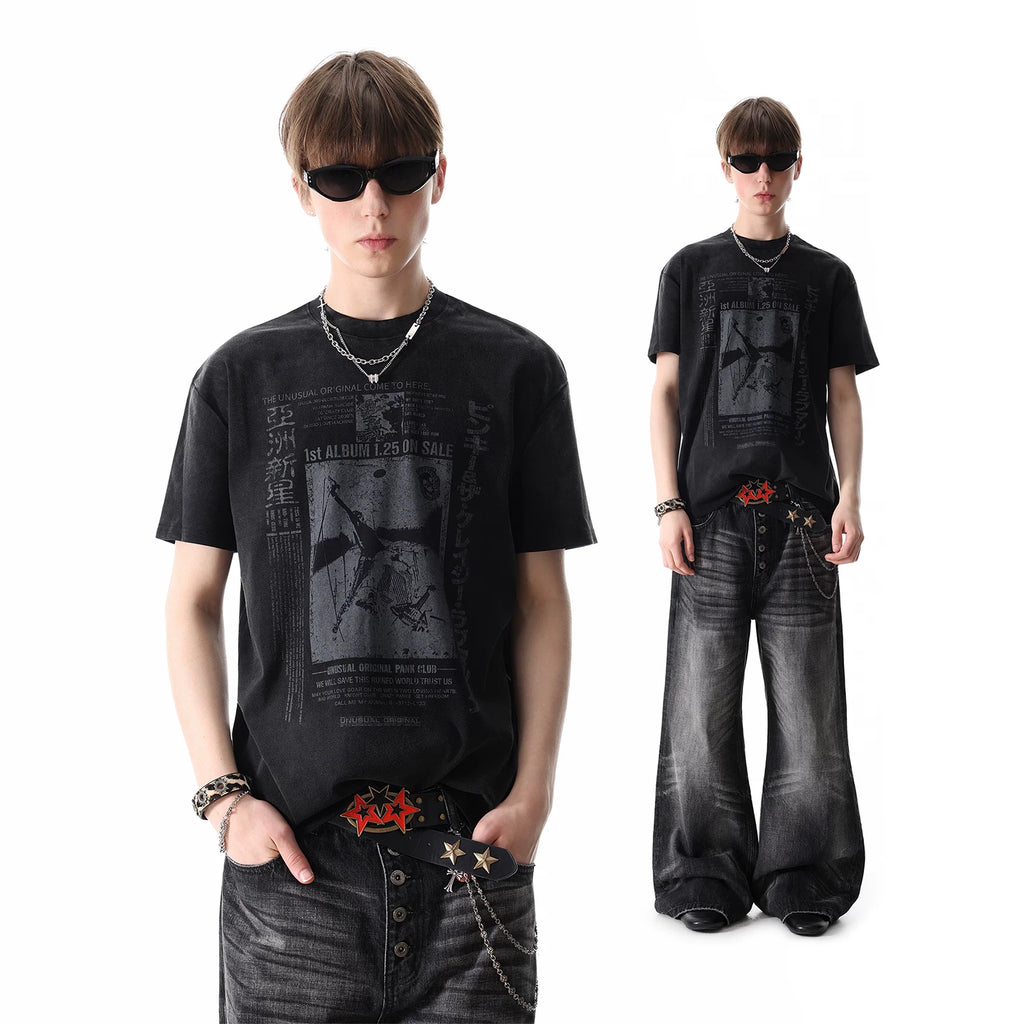 TREND ST Street Punk Vintage Rock Print Shoulder T-shirt Short Sleeve Men's and Women's Summer Short Width Top
