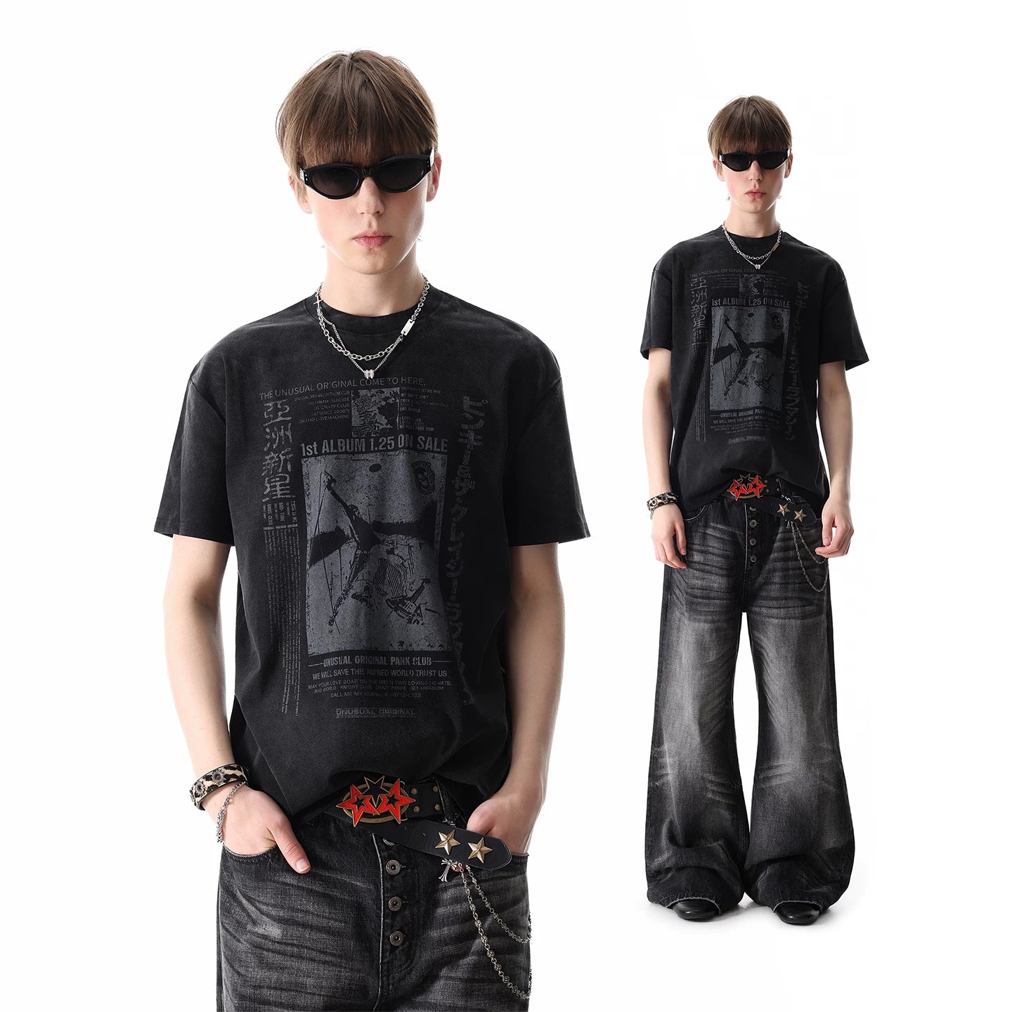 TREND ST Street Punk Vintage Rock Print Shoulder T-shirt Short Sleeve Men's and Women's Summer Short Width Top