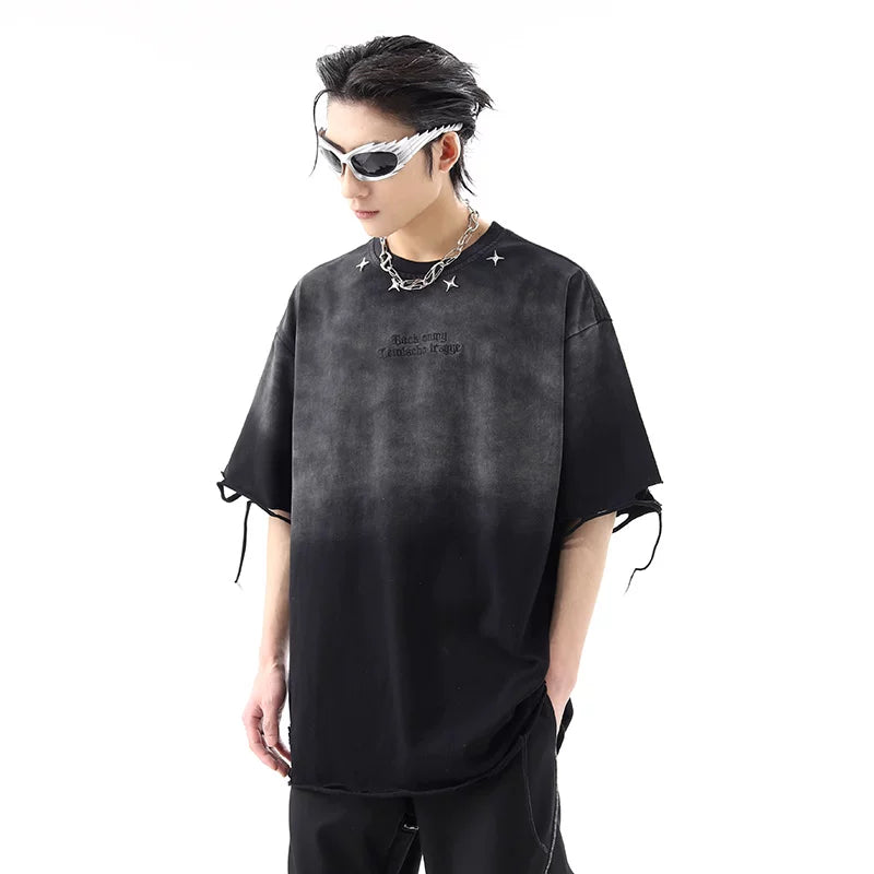 Street trendy brand niche wasteland style ripped hole short sleeved t-shirt for men's summer American retro vintage vintage gradient couple top