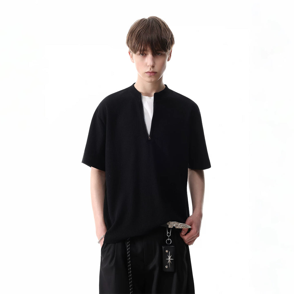 TREND ST Summer Vacation Two Piece Splicing Half Zipper Short Sleeve T-shirt for Men's American Casual Simple Waffle Top