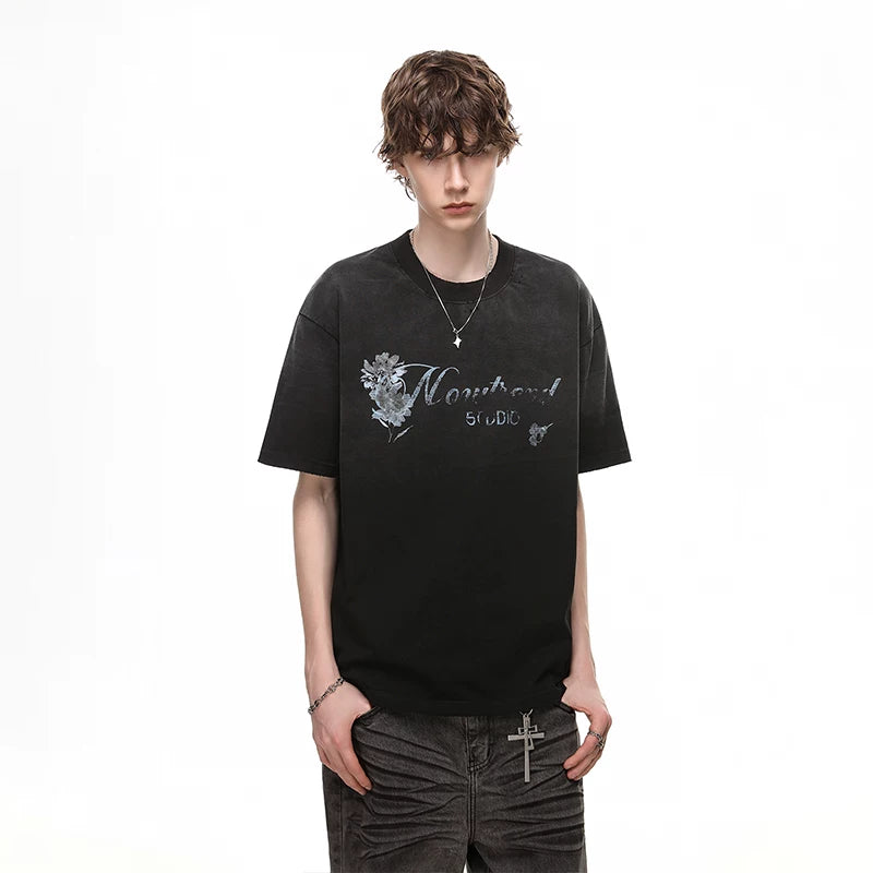 TREND ST Summer Loose Heavy Weight 300g Pure Cotton Short sleeved Men's American Retro Washed Outdated Printed T-shirt