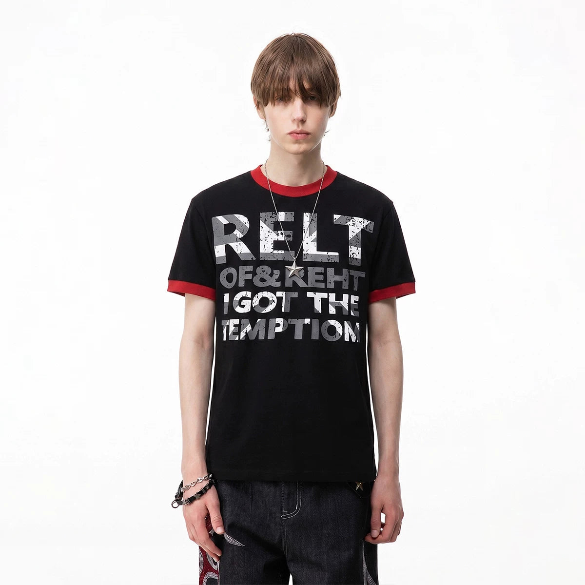 TREND ST street light Asian style shoulder short sleeved T-shirt for men in summer, contrasting color round neck slogan printed couple's T-shirt