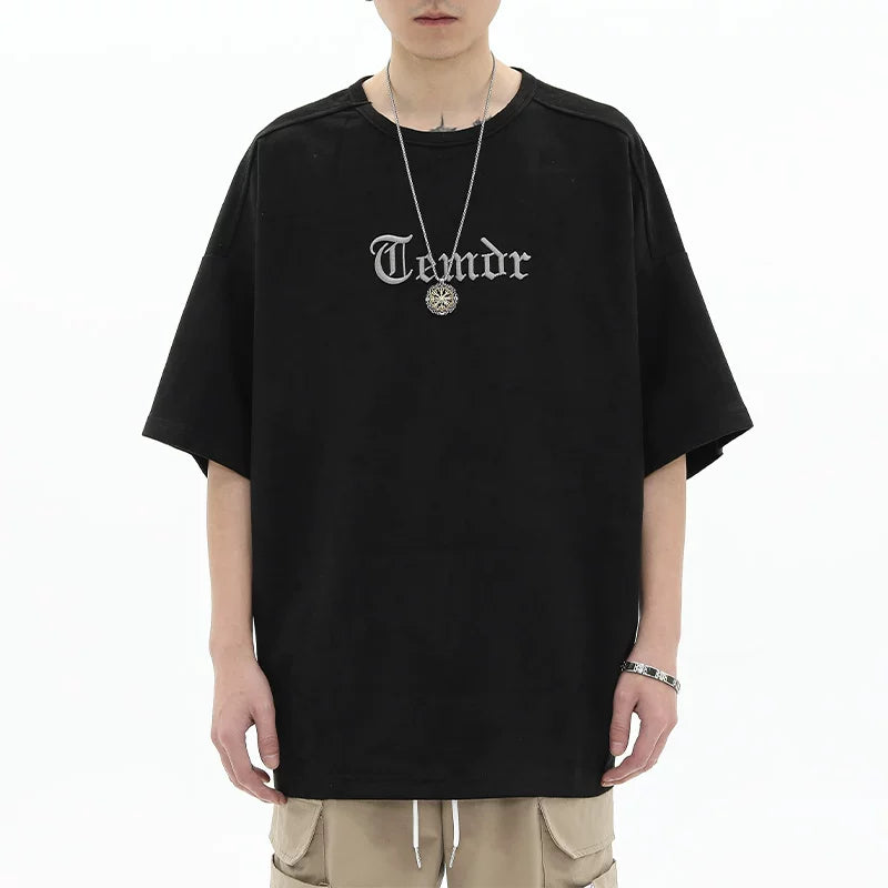 American retro heavy embroidery loose oversized short sleeved t-shirt men's summer trendy brand suede couple top