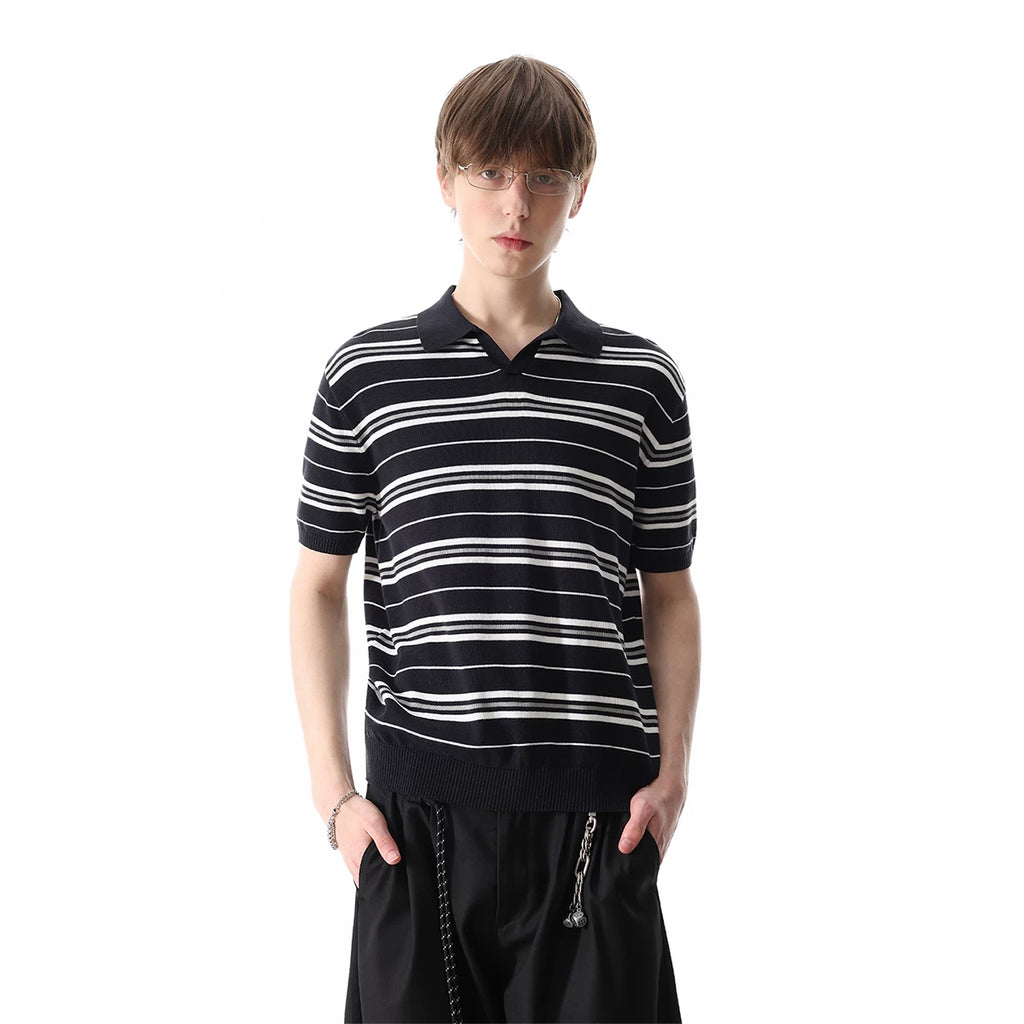 [Old Money Style Knitted] TREND ST Striped Polo Collar Short Sleeve Men's Trendy American Retro Summer Collar Top