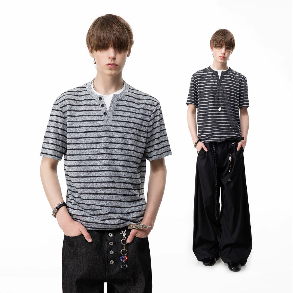 TREND ST Summer Vacation Two Piece Striped Knitted Short Sleeve T-shirt for Men, American Retro Loose Couple Half Sleeve TEE