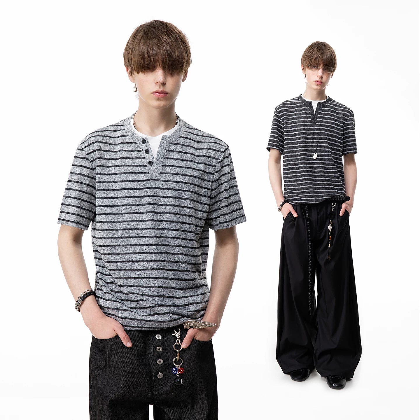 TREND ST Summer Vacation Two Piece Striped Knitted Short Sleeve T-shirt for Men, American Retro Loose Couple Half Sleeve TEE