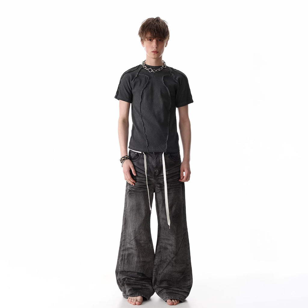 TREND ST Heavy Weight 450g Craftsmanship Deconstruction Slim Short Sleeve T-shirt for Men and Women, Wasteland Wind Pioneer Shoulder Insert T-shirt