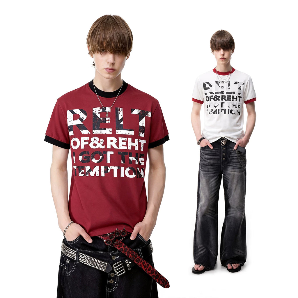 TREND ST street light Asian style shoulder short sleeved T-shirt for men in summer, contrasting color round neck slogan printed couple's T-shirt