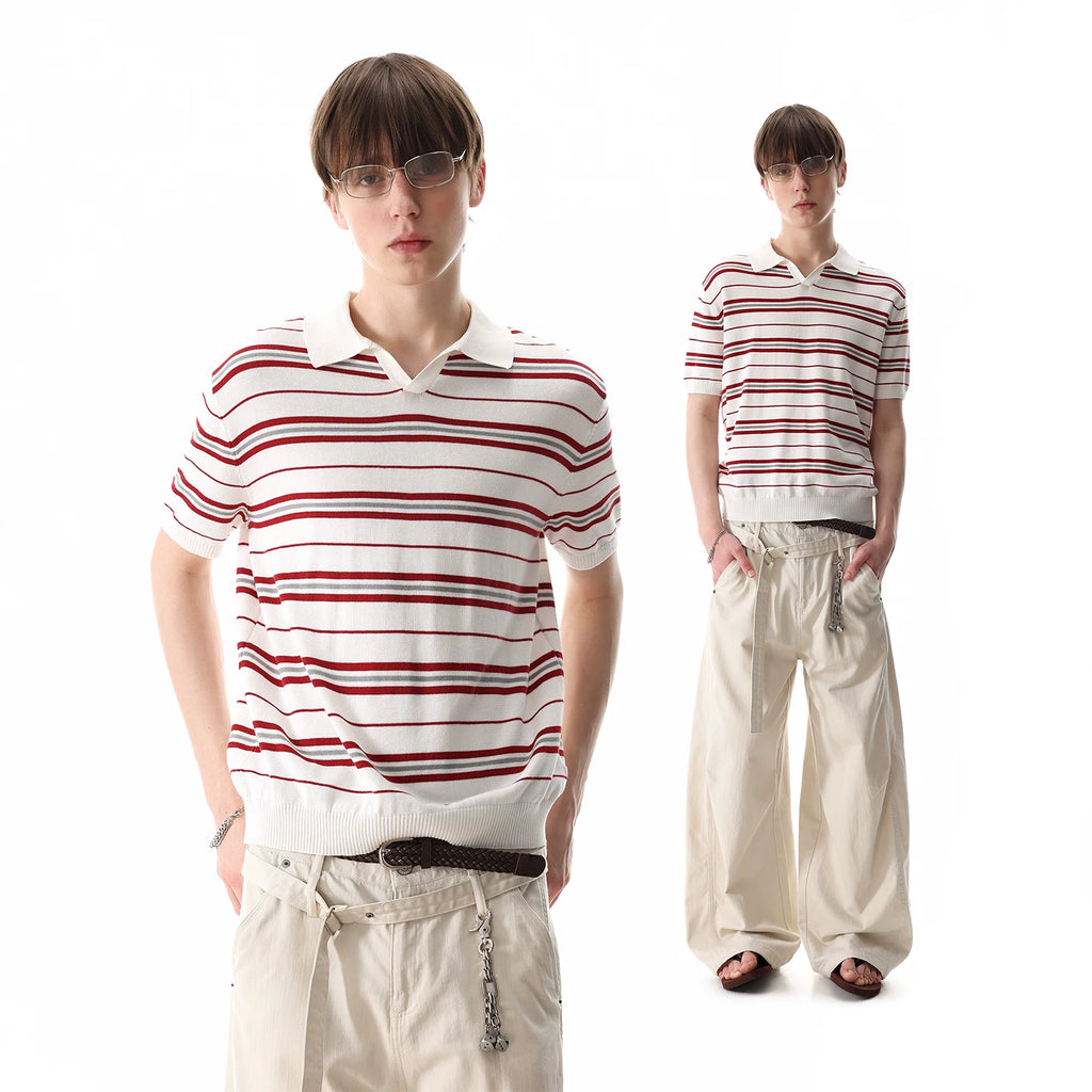 [Old Money Style Knitted] TREND ST Striped Polo Collar Short Sleeve Men's Trendy American Retro Summer Collar Top